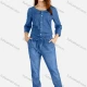Wholesale Women's Plus Size Casual Round Neck Button Front Top & Straight Leg Pants Denim 2 Piece Set Medium Blue Clothing Wholesale Market Liuhua