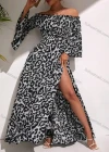 Wholesale Women's Casual Leopard Print Ruffle Trim Off Shoulder Shirred Split Side Maxi Cocktail Dress - Liuhuamall