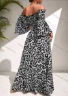 Wholesale Women's Casual Leopard Print Ruffle Trim Off Shoulder Shirred Split Side Maxi Cocktail Dress - Liuhuamall
