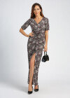 Wholesale Women's Elegant Front Slit Floral Deep V Neck Short Sleeve Shirred Maxi Dress - Liuhuamall