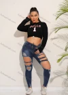 Wholesale Women's Casual Crew Neck Long Sleeve Drawstring Letter Crop T-shirt - Liuhuamall