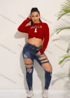 Wholesale Women's Casual Crew Neck Long Sleeve Drawstring Letter Crop T-shirt - Liuhuamall
