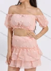 Wholesale Women's Off Shoulder Puff Sleeve 3D Floral Layered Crop Top 2 Piece Set - Liuhuamall
