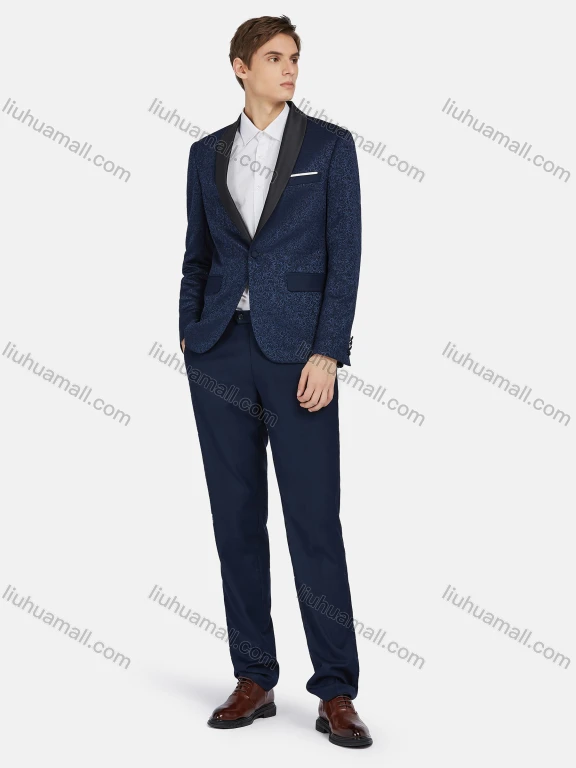 Wholesale Men's Fashion Jacquard Shawl Collar One Button Flap Pockets Blazer & Trousers 2 Piece Sets