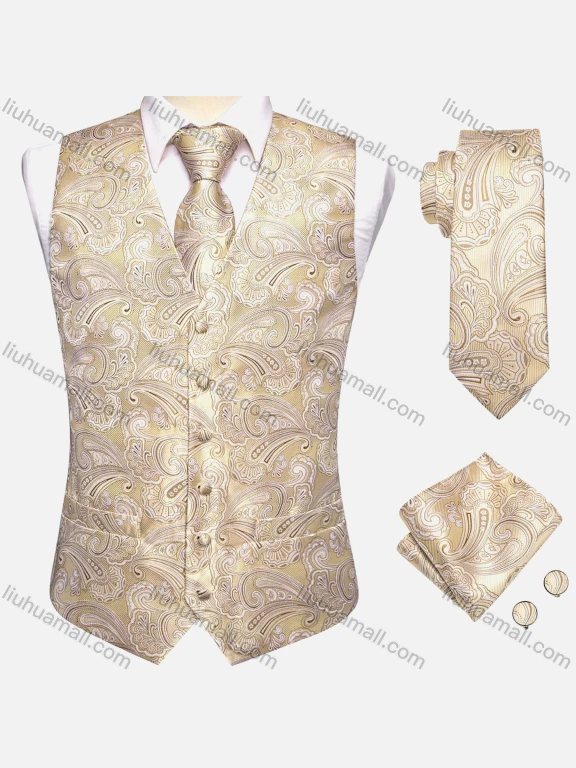 Wholesale Men's Formal Single Breasted Silky Waistcoat With Necktie & Kerchief & Cufflinks 4-piece Set