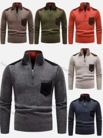 Wholesale Men's Casual Colorblock High Neck Quarter Zip Long Sleeve Sweater, LIUHUA CLOTHING WHOLESALE