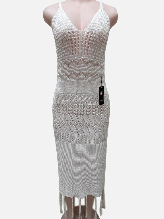 Women's Vacation Plain Hollow Out Semi-Sheer Tassel Cami Cover Up Dress J2443#, Clothing Wholesale Market -LIUHUA, 