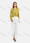 Wholesale Women's Casual V Neck Long Sleeve Shirred Ruffle Trim Twist Plain Blouse - Liuhuamall