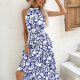 Women's Elegant Floral Print Sleeveless Halter Maxi Dress Blue Clothing Wholesale Market -LIUHUA