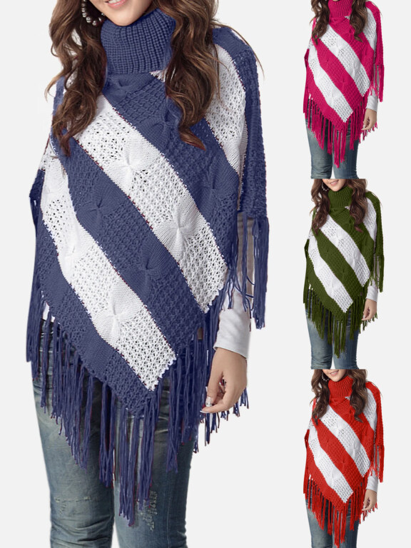 Women's Casual Turtleneck Half Sleeve Scarf Hem Striped Knit Cape 2981#, Clothing Wholesale Market -LIUHUA, Women, Women-s-Outerwear, Cape-Poncho
