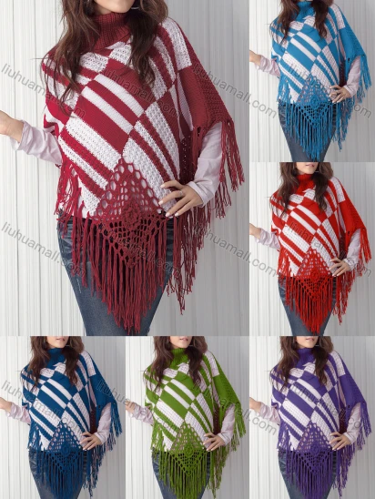 Wholesale Women's Casual Turtleneck Half Sleeve Scarf Hem Striped Knit Cape 2983#