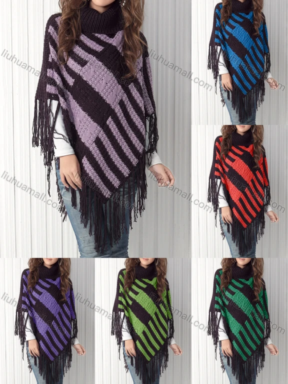 Wholesale Women's Casual Turtleneck Half Sleeve Scarf Hem Striped Knit Cape 2985#