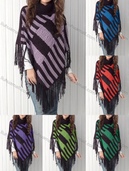 Wholesale Women's Casual Turtleneck Half Sleeve Scarf Hem Striped Knit Cape 2985#