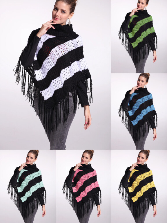Woman's Casual Striped Knitted Fabric Turtleneck Neck Shawl 8844#, Clothing Wholesale Market -LIUHUA, Women, Women-s-Outerwear, Women-s-Coat