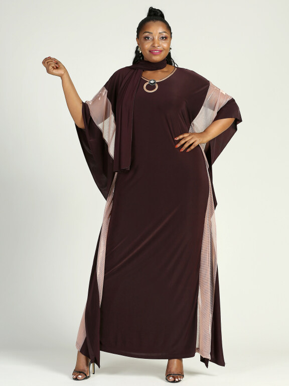 Women's Elegant Plus Size Batwing Sleeve Round Neck Mesh Splicing Kaftan Dress With Scarf, Clothing Wholesale Market -LIUHUA, Specialty, Women-s-Muslim-Clothing