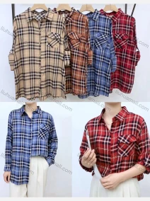 Wholesale Women's Collared Loose Fit Plaid Print Flap Pockets Long Sleeve Shirt 2033#, LIUHUA CLOTHING WHOLESALE
