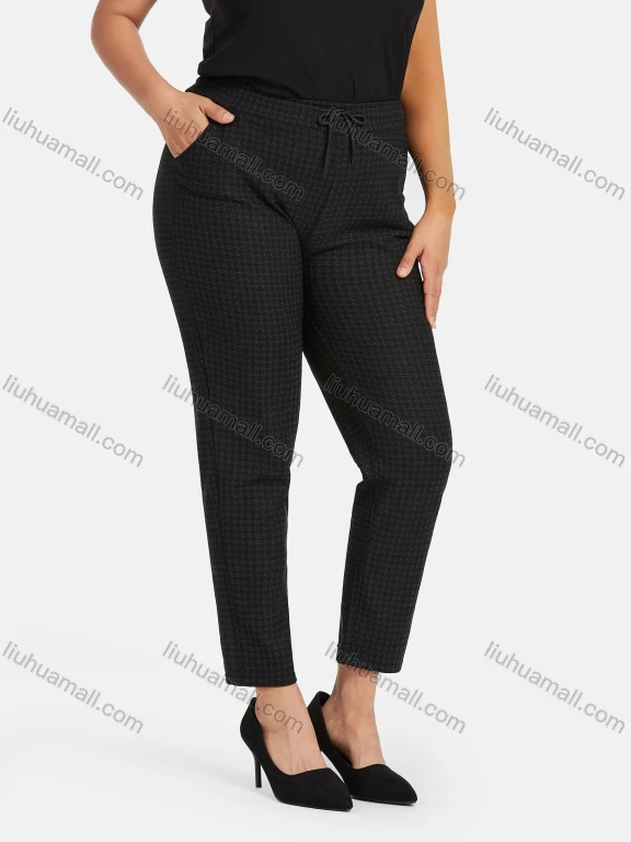 Wholesale Women's Casual Plus Size High Elastic Plaid Print Stright Leg Pants With Drawstring 33028#