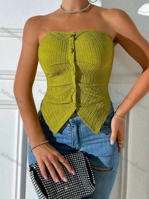 Wholesale Women's Slim Fit Strapless Ribbed Top With Button Detail Trendy Summer Style 4002#