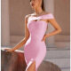 Women's Asymmetrical One Shoulder Glamorous Plain Slit Hem Knee Length Sexy Cocktail Dress Pink Clothing Wholesale Market -LIUHUA