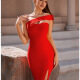 Women's Asymmetrical One Shoulder Glamorous Plain Slit Hem Knee Length Sexy Cocktail Dress Red Clothing Wholesale Market -LIUHUA