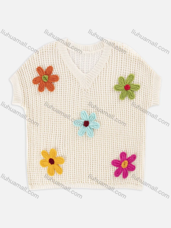 Wholesale Women's Casual Short Sleeve Hollow Out 3D-Floral Crop Cover Up Top 6r3#