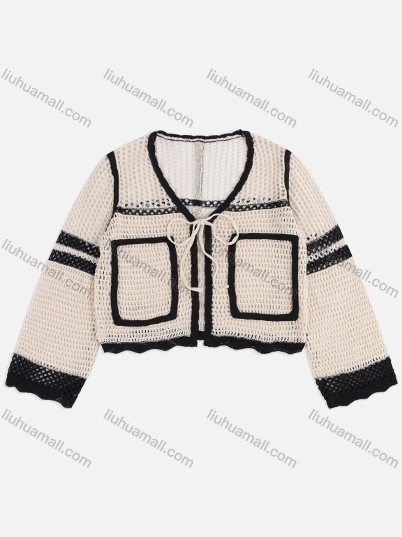 Wholesale Women's Casual Long Sleeve Splicing Hollow Out Drawstring Cover Up Cardigan A653#