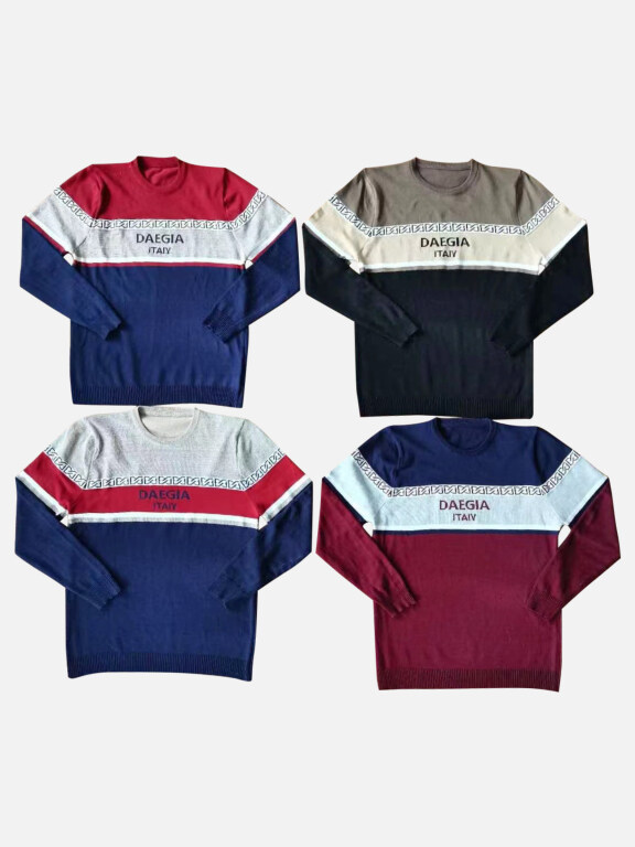 Men's Casual Crew Neck Long Sleeve Colorblock Letters Knit Sweater, Clothing Wholesale Market -LIUHUA, MEN, Sweaters-Knits