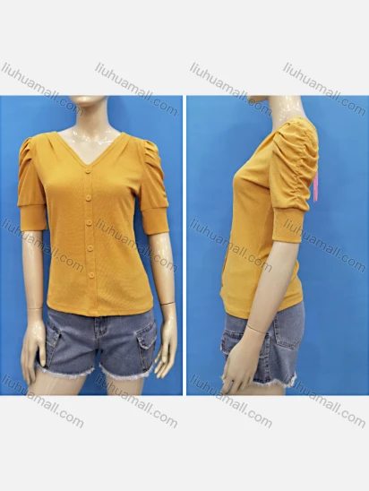 Wholesale Women's Casual V Neck Short Sleeve Button Front Knit Plain Tops