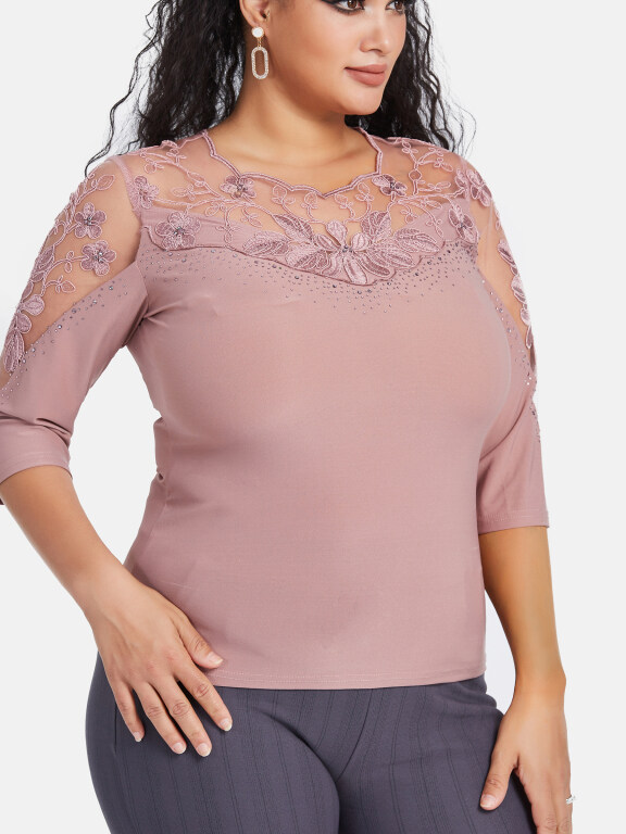 Women's Plus Size 3/4 Sleeve Lace sheer Embroidery Rhinestone Detail Blouse, Clothing Wholesale Market -LIUHUA, WOMEN, Blouses-Shirts