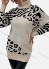 Wholesale Women's High Neck Drop Shoulder Tiger & Leopard Print Mid Length Pullover Sweater - Liuhuamall