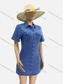 Wholesale Women's Plain Short Sleeve Flap Pockets Button Down Short Denim Shirt Dress, LIUHUA CLOTHING WHOLESALE