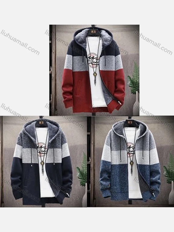 Wholesale Men's Casual Drawstring Long Sleeve Zip Hooded Sweater Knitted Jacket