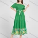 Wholesale Women's Casual Off Shoulder Abstract Print Splicing High Waist Shirred Short Sleeve Midi Dress With Belt A6# Green Clothing Wholesale Market Liuhua