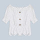 Women's Plain Off Shoulder Short Sleeve Eyelet Embroidered Ruffle Trim Button Decor Scallop Hem Top FR2026# White Clothing Wholesale Market -LIUHUA
