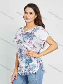 Wholesale Women's Round Neck Floral Print Short Sleeve Curved Hem Blosue, LIUHUA CLOTHING WHOLESALE