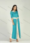 Wholesale Women's Casual & Fashion Collar Zip Long Sleeve Two Tone Drawstring Pearl Decor Maxi Dress - Liuhuamall