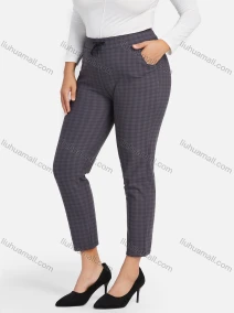 Wholesale Women's Casual Plus Size High Elastic Plaid Print Stright Leg Pants With Drawstring 33026#, LIUHUA CLOTHING WHOLESALE