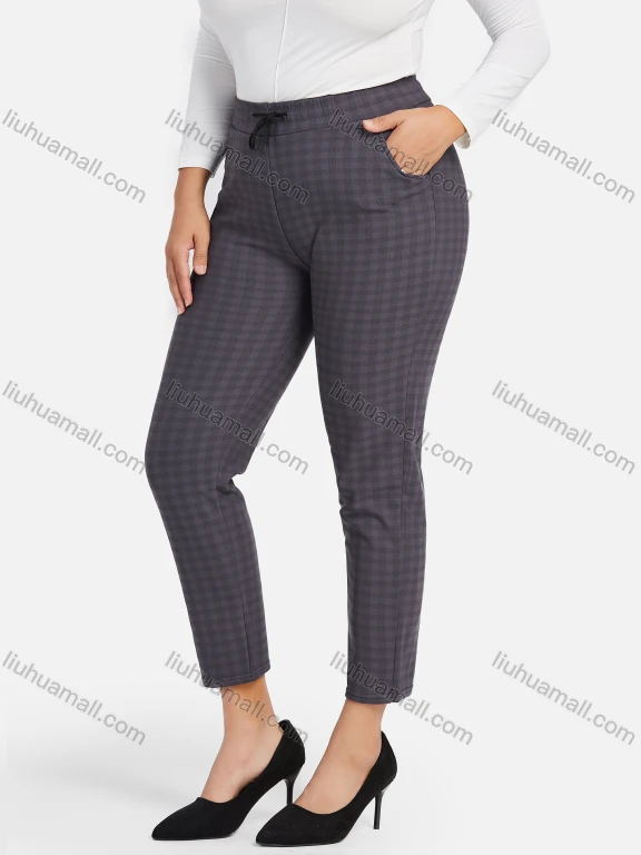 Wholesale Women's Casual Plus Size High Elastic Plaid Print Stright Leg Pants With Drawstring 33026#