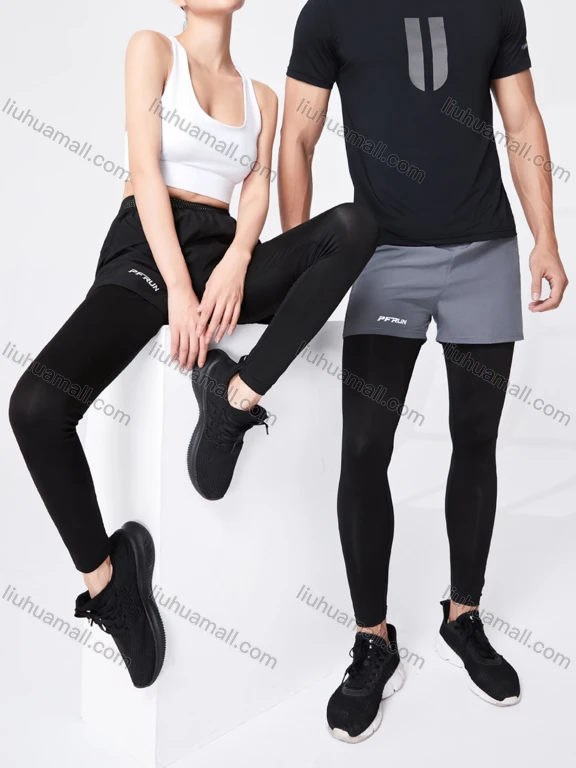 Wholesale Unisex Athletic Workout 2-in-1 Plain Patch Pocket Splicing Pin Dot Elastic Waist Shorts 52101#