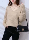 Wholesale Women's Casual V Neck Plain Rib-knit Sweater - Liuhuamall