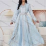 Wholesale Women's Elegant V Neck Plain Floral Rhinestone Button Decor Long Sleeve Abaya Dress With Belt 2 Piece Set preview