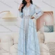 Wholesale Women's Elegant V Neck Plain Floral Rhinestone Button Decor Long Sleeve Abaya Dress With Belt 2 Piece Set Light Blue Clothing Wholesale Market Liuhua