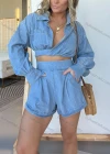 Wholesale Women's Fashion Plain Deep V Neck Pocket Long Sleeve Drop Shoulder Crop Top & Denim Rolled Hem Short 2 Piece Set - Liuhuamall