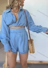 Wholesale Women's Fashion Plain Deep V Neck Pocket Long Sleeve Drop Shoulder Crop Top & Denim Rolled Hem Short 2 Piece Set - Liuhuamall
