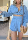 Wholesale Women's Fashion Plain Deep V Neck Pocket Long Sleeve Drop Shoulder Crop Top & Denim Rolled Hem Short 2 Piece Set - Liuhuamall