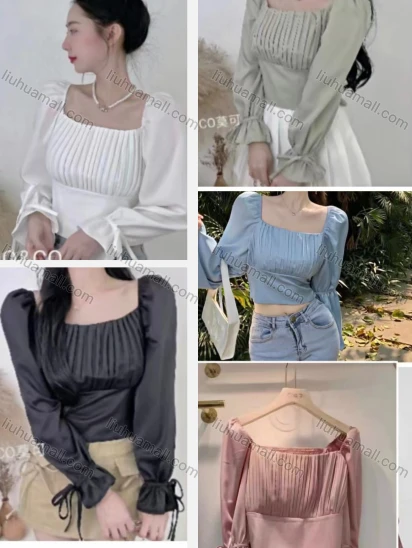 Wholesale Women's Causal Square Neck Poet Sleeve Ruched Plain Crop Top