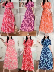 Wholesale Women's Elegant Casual Notched Neck Short Sleeve Belted Pleated Maxi Dress 2839#, LIUHUA CLOTHING WHOLESALE