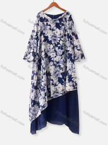 Wholesale Women's Causal 3/4 Sleeve Floral Print Splicing Loose Maxi Dress, LIUHUA CLOTHING WHOLESALE