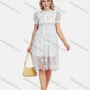 Wholesale Women's Casual Embroidery Mesh Ruffle Trim Mock Neck Puff Sleeve Knee Length Dress preview