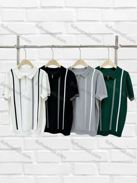 Wholesale Men's Casual Striped Quarter Zip Short Sleeve Henley Shirt C72103#